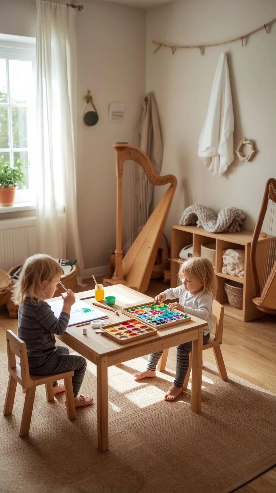 Waldorf playroom art and music corner with crayons, watercolors, harp, and flute for daily creative play.