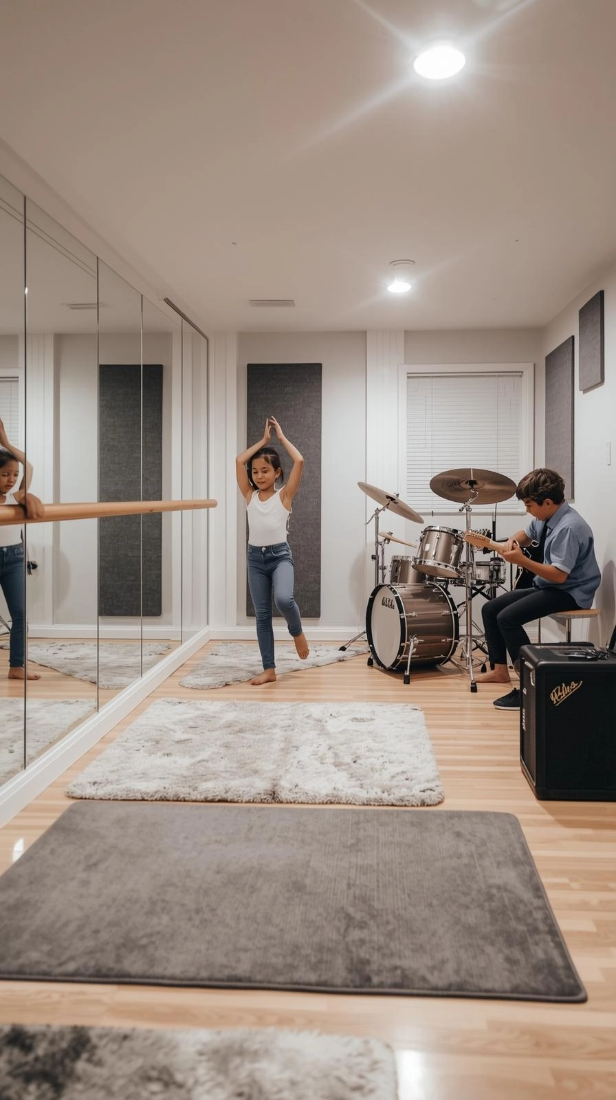 Basement kids hangout music and dance studio with mirrors, ballet barre, guitar, and drum set.