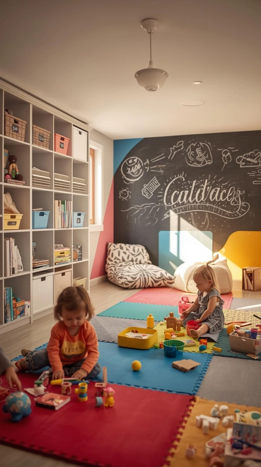 Basement kids hangout playroom with toddlers playing on foam mats, toy storage bins, chalkboard wall, and cozy reading corner.
