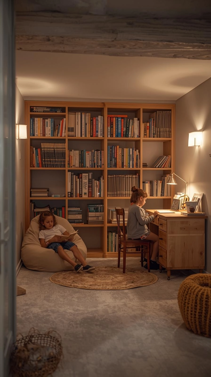 Basement kids hangout reading and study nook with bookshelves, beanbag chair, small desk, and warm task lighting.