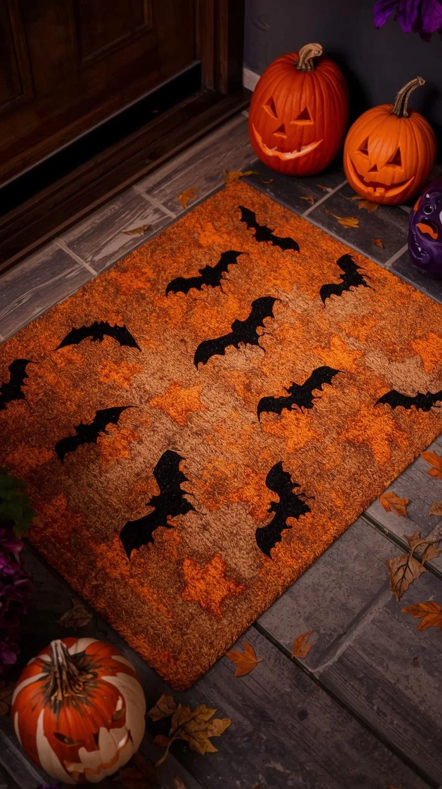 Front porch with DIY bat silhouette painted doormat as part of creative Halloween doormat painting ideas.