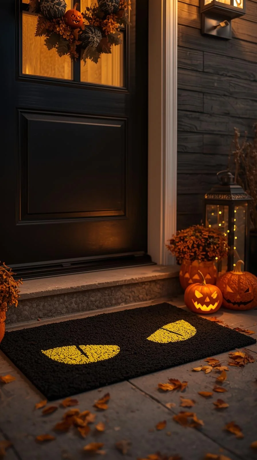 Front porch with DIY black cat eyes painted doormat as part of glowing Halloween doormat painting ideas.