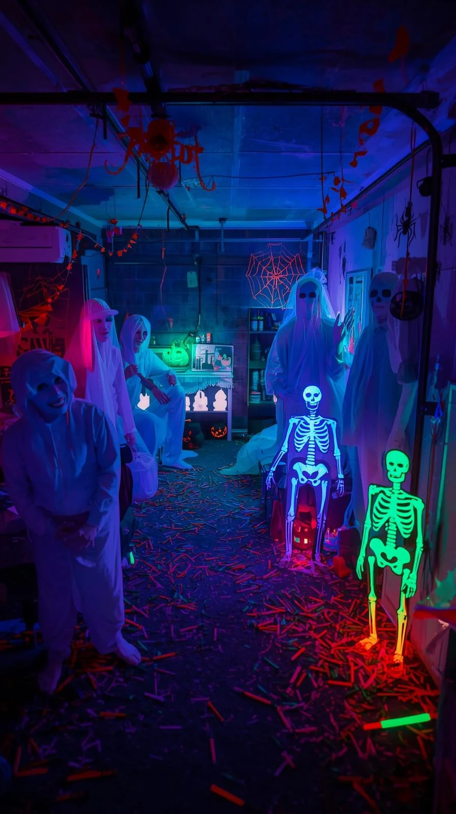 Basement with blacklight and neon Halloween decorations bringing 90s Halloween decorations ideas to life.