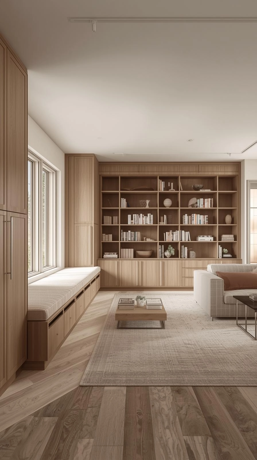 Multipurpose room with built-in wall cabinets, hidden bench storage, and open shelves designed for clutter-free organization.