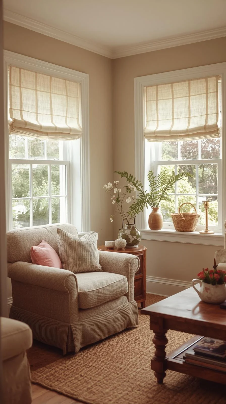Café curtains for living room windows creating a cozy, casual feel with light and privacy in a cottage-style space.