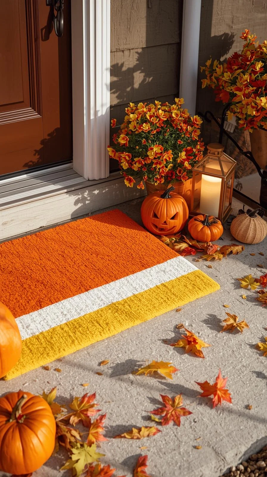 Front porch with DIY candy corn striped doormat showing colorful Halloween doormat painting ideas.