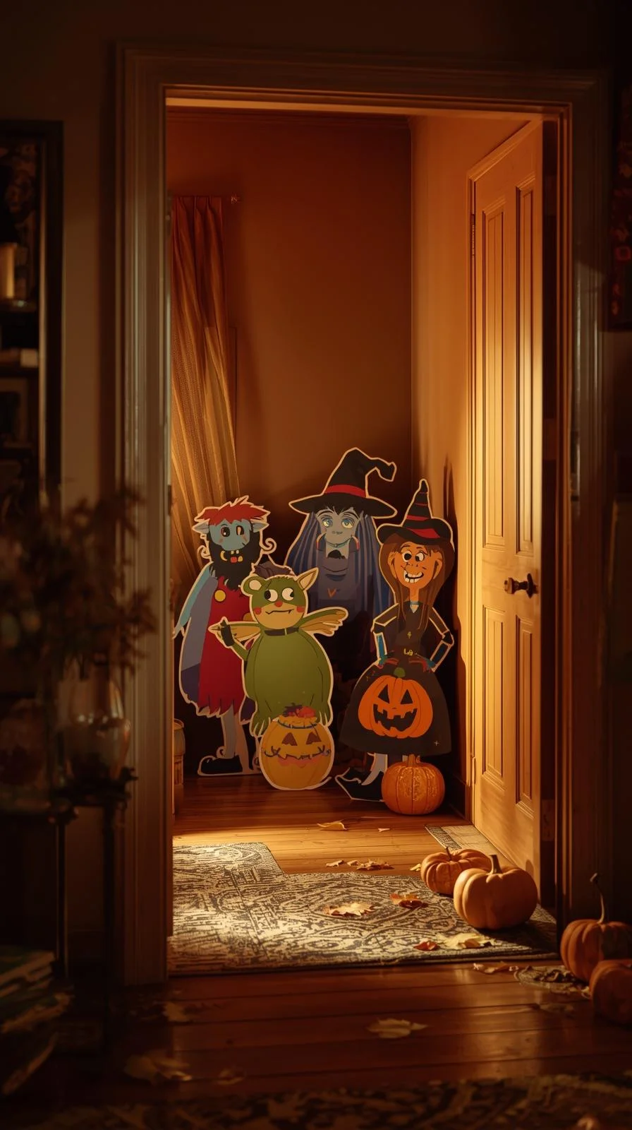 Cartoonish cardboard stand-ups of monsters and witches as part of 90s Halloween decorations ideas in a living room.