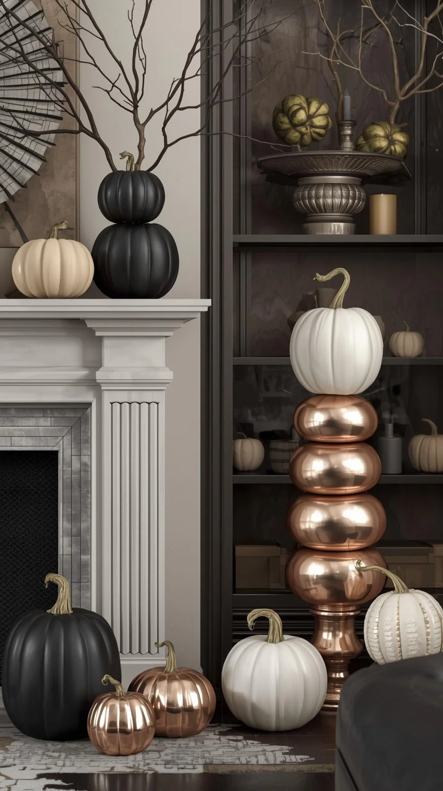 Modern spooky season home decor with black, white, and metallic pumpkins styled in a cozy living room.