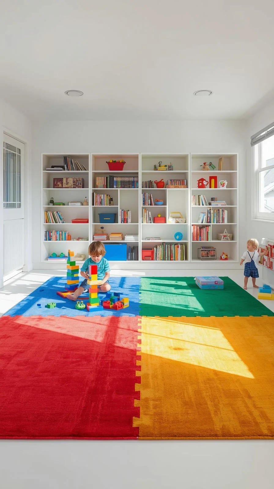 Color-block playroom rug with bold red, blue, yellow, and green sections where kids play in zones, showing modern playroom rug ideas.