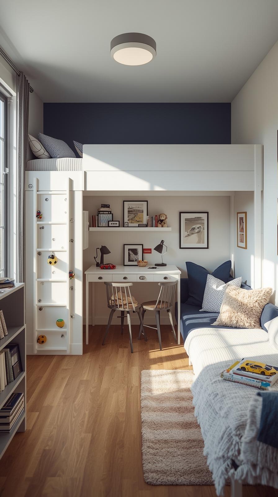 Cool kids rooms ideas for boys with a loft bed, climbing wall, and cozy study nook in a modern playful bedroom.