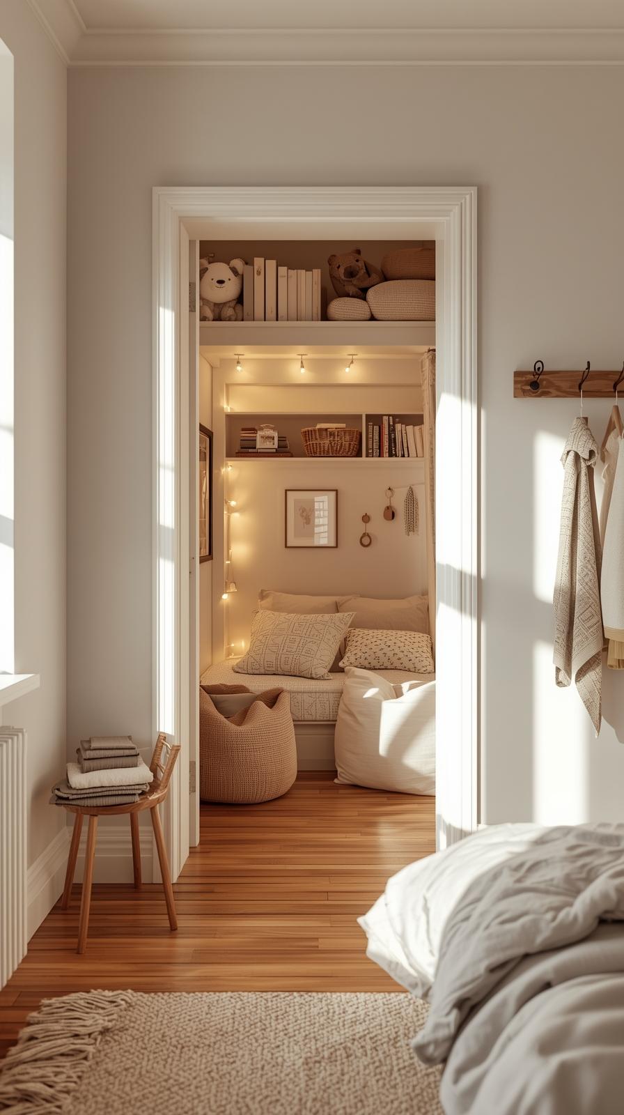 Cool kids rooms ideas with a secret passage hidden behind a bookshelf door leading to a cozy loft nook with twinkle lights.