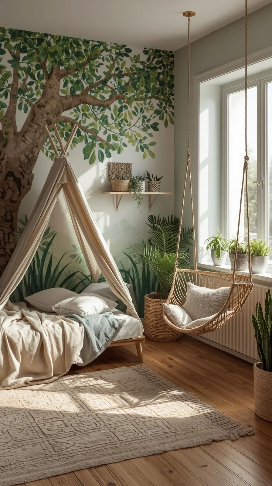 Cool kids rooms ideas nature theme with a tent-style bed, tree mural, and plants creating a calming forest-inspired bedroom.