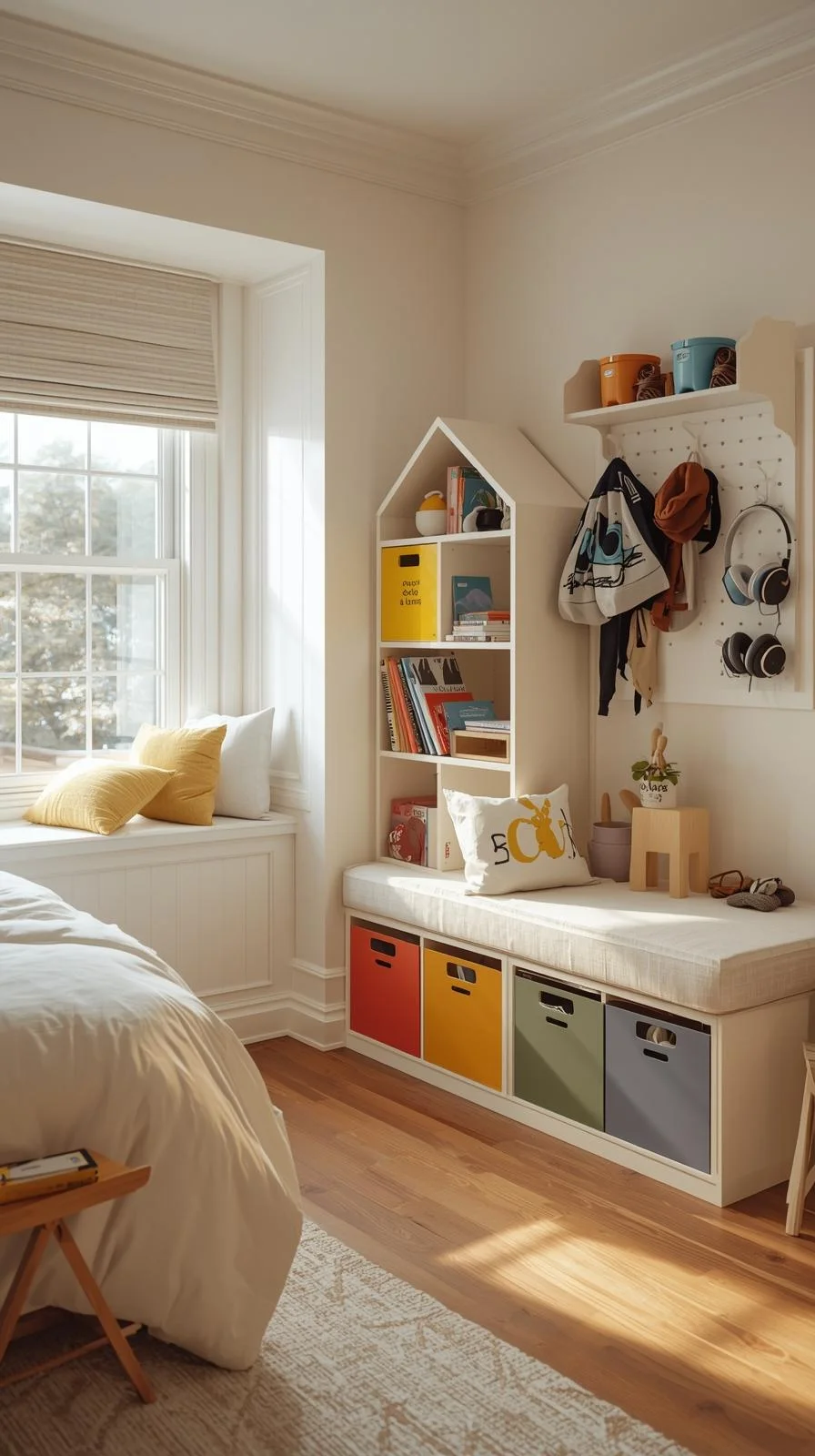 Cool kids rooms ideas with creative storage including pull-out bins, block-shaped drawers, and a playful house-shaped bookshelf.