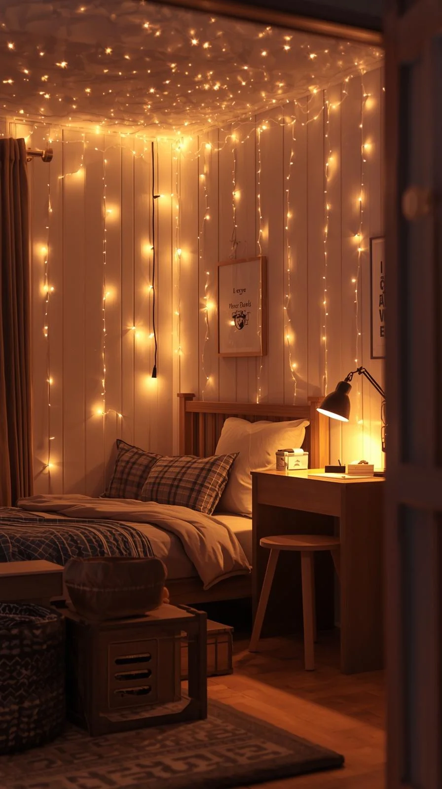 Cool kids rooms ideas with layered lighting including LED strips, bedside lamp, and star ceiling for a playful yet calming bedroom.