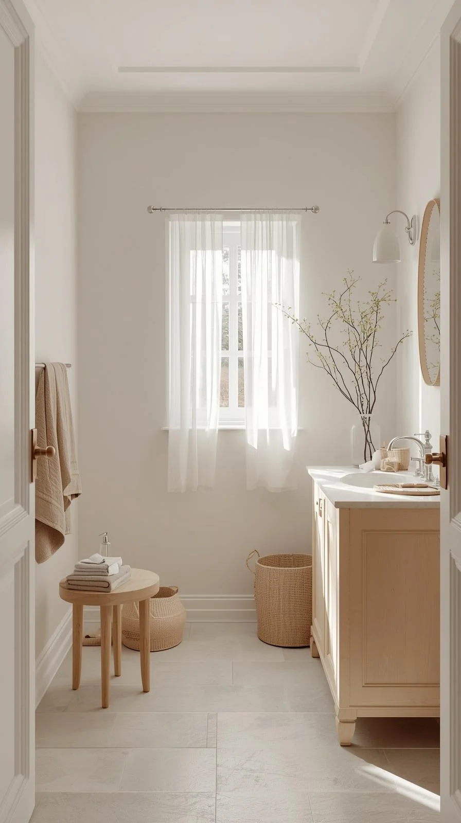 Cottage decorating ideas for bathrooms featuring soft white walls, muted pastels, and natural light for a calming cottage look.