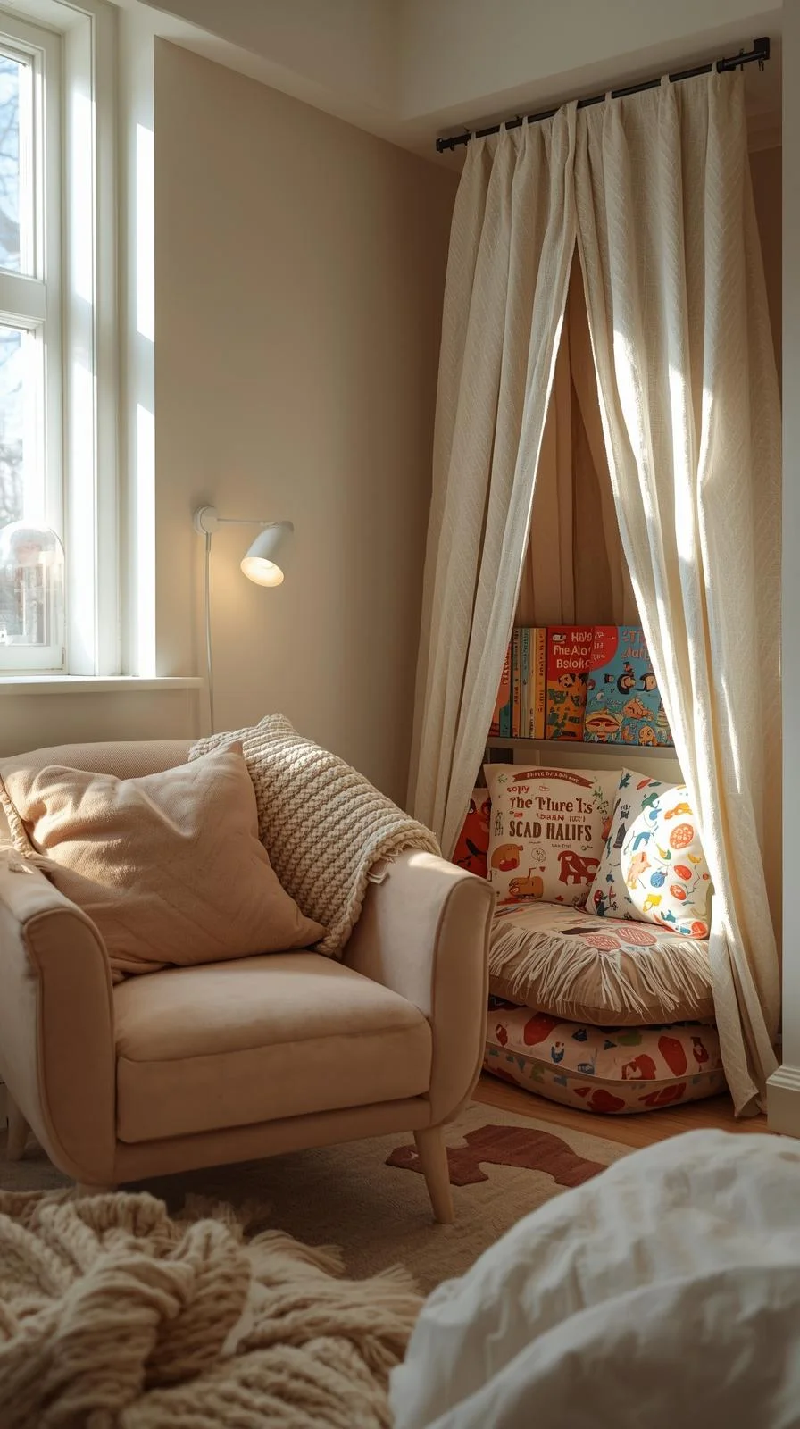 Cozy kids reading nook with bean bag, bookshelves, and canopy corner for quiet time in children’s bedroom.