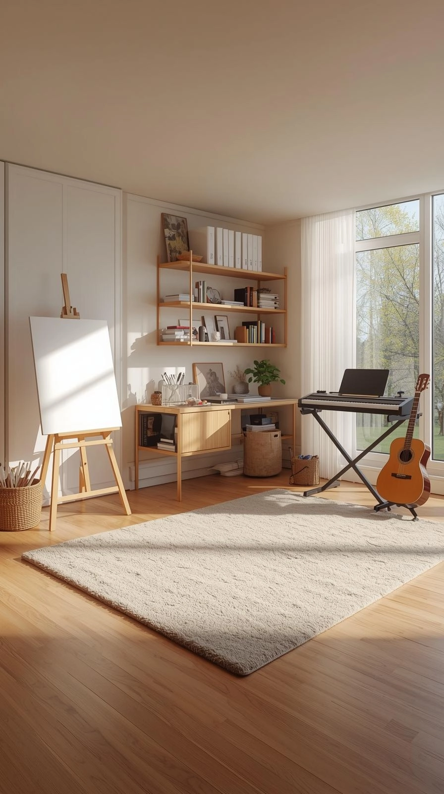 Multipurpose room with artist easel, craft table, wall shelving, and music practice corner designed as a creative studio environment.