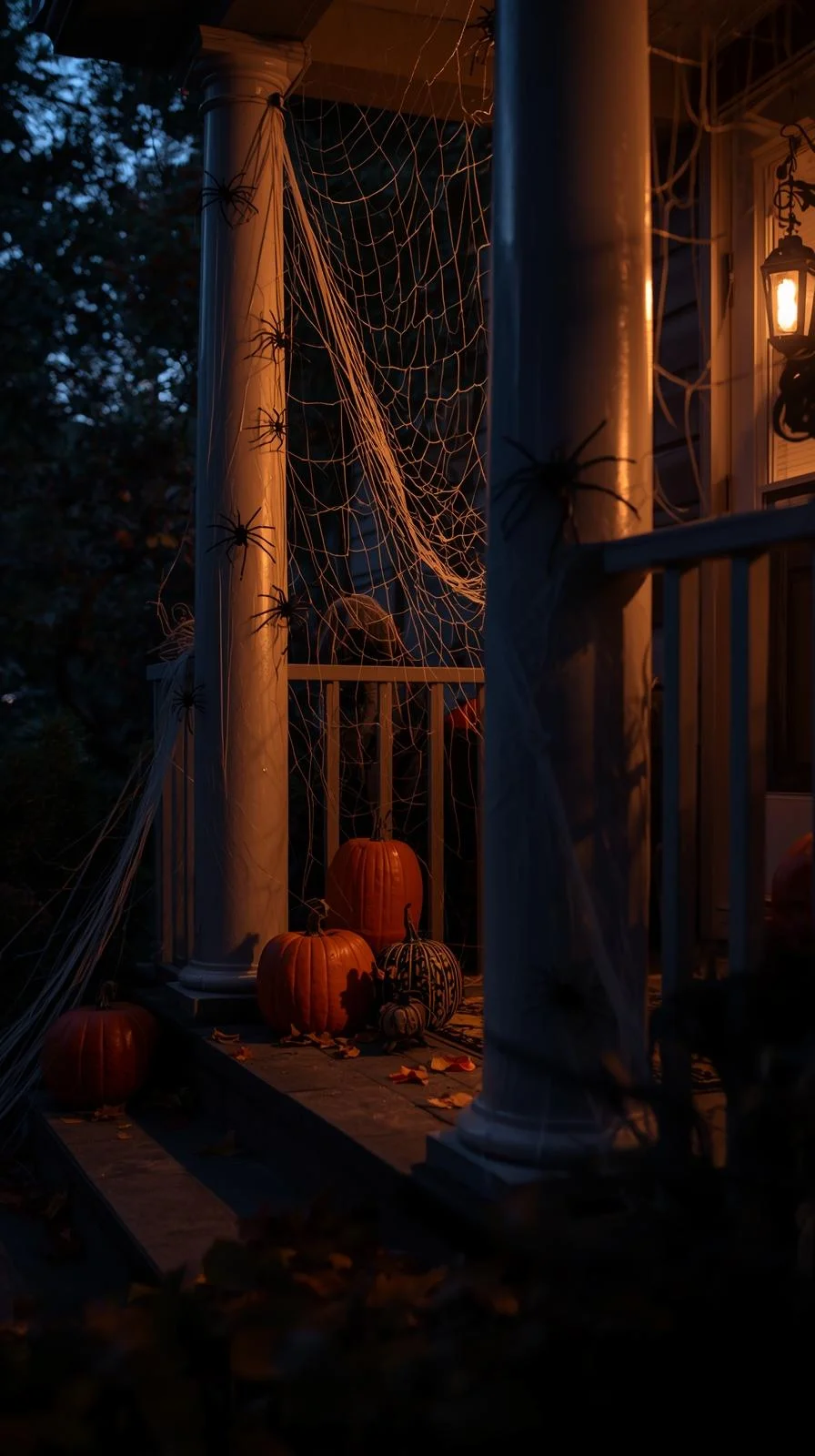 Front porch Halloween ideas featuring spiders, webbing, and rubber rats adding creepy details to the scene.
