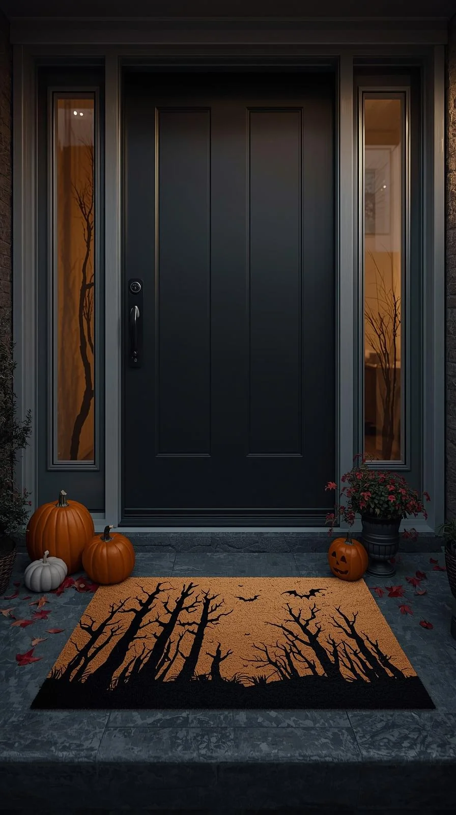 Front porch with DIY creepy forest painted doormat showing spooky Halloween doormat painting ideas.