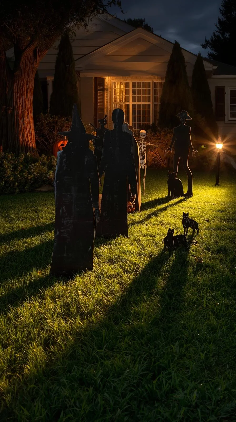 DIY Halloween yard with shadow silhouettes of witches, skeletons, and cats cast by spotlights.