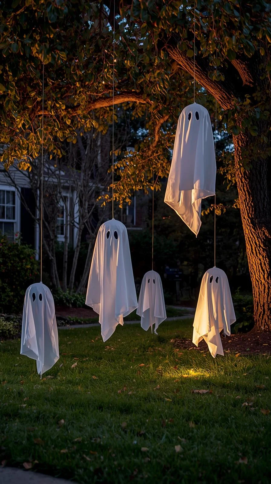 DIY Halloween ghost figures in a front yard glowing with LED lights and floating from tree branches.