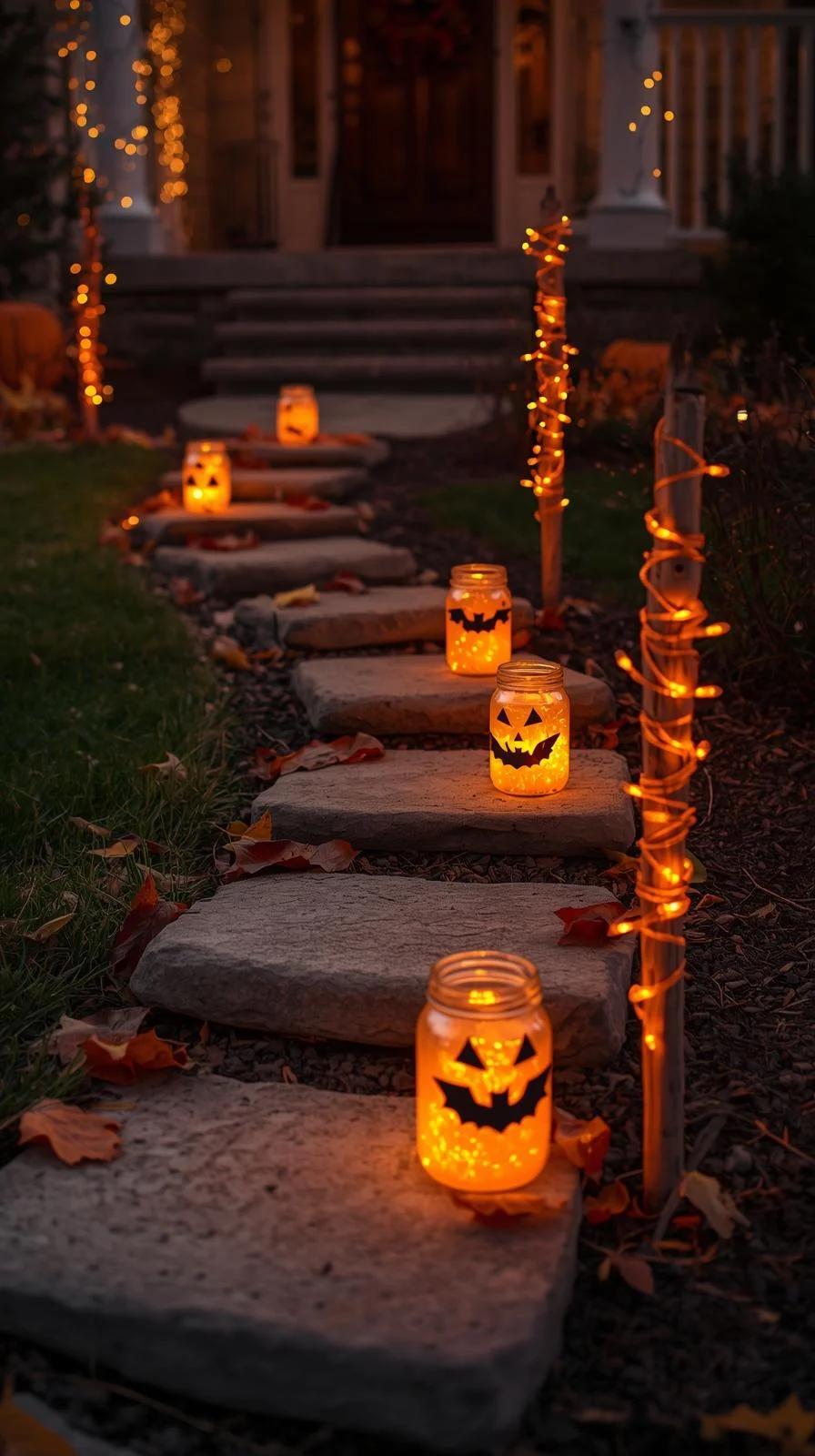 DIY front yard Halloween ideas with glowing jar lanterns, autumn leaves, and string lights along a pathway.
