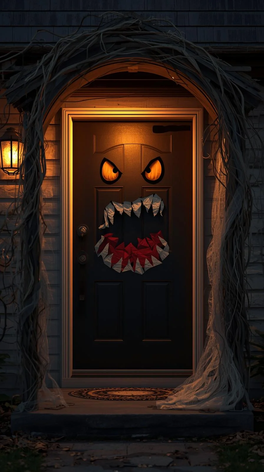 Front yard DIY Halloween door with monster mouth cutout and mummy-wrapped decorations.