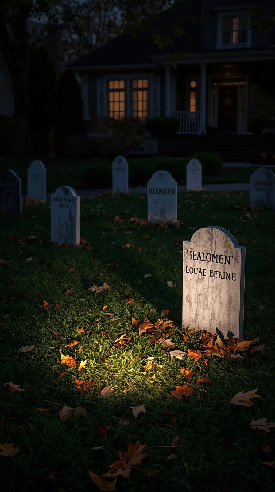 DIY front yard Halloween graveyard with tilted gravestones, autumn leaves, and spotlight shadows.