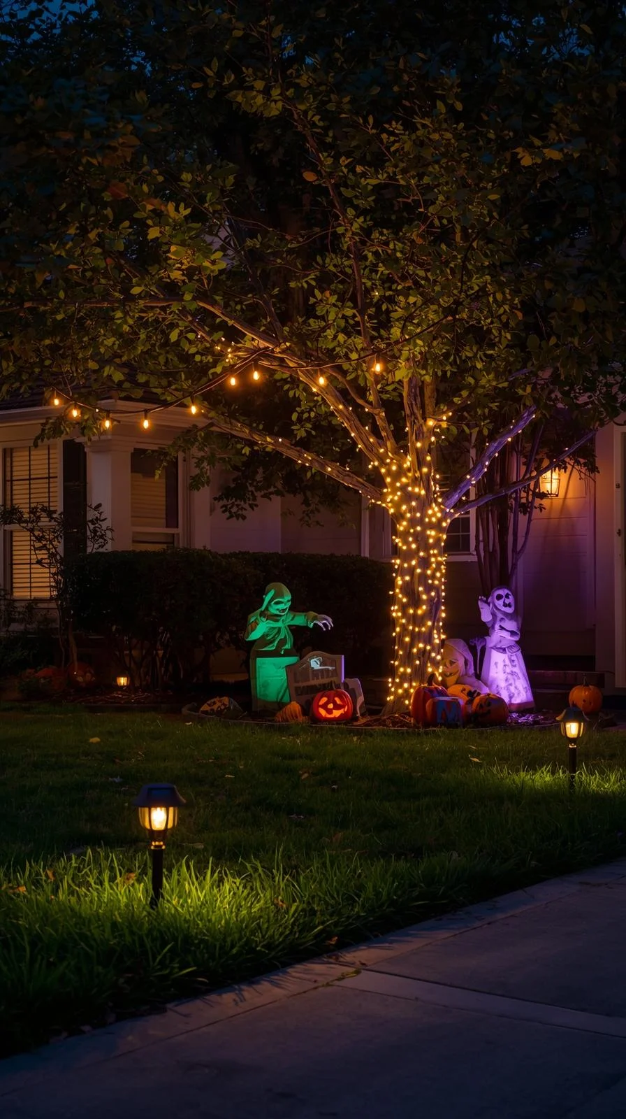 DIY Halloween front yard with creative lighting casting shadows on pumpkins, ghosts, and trees.