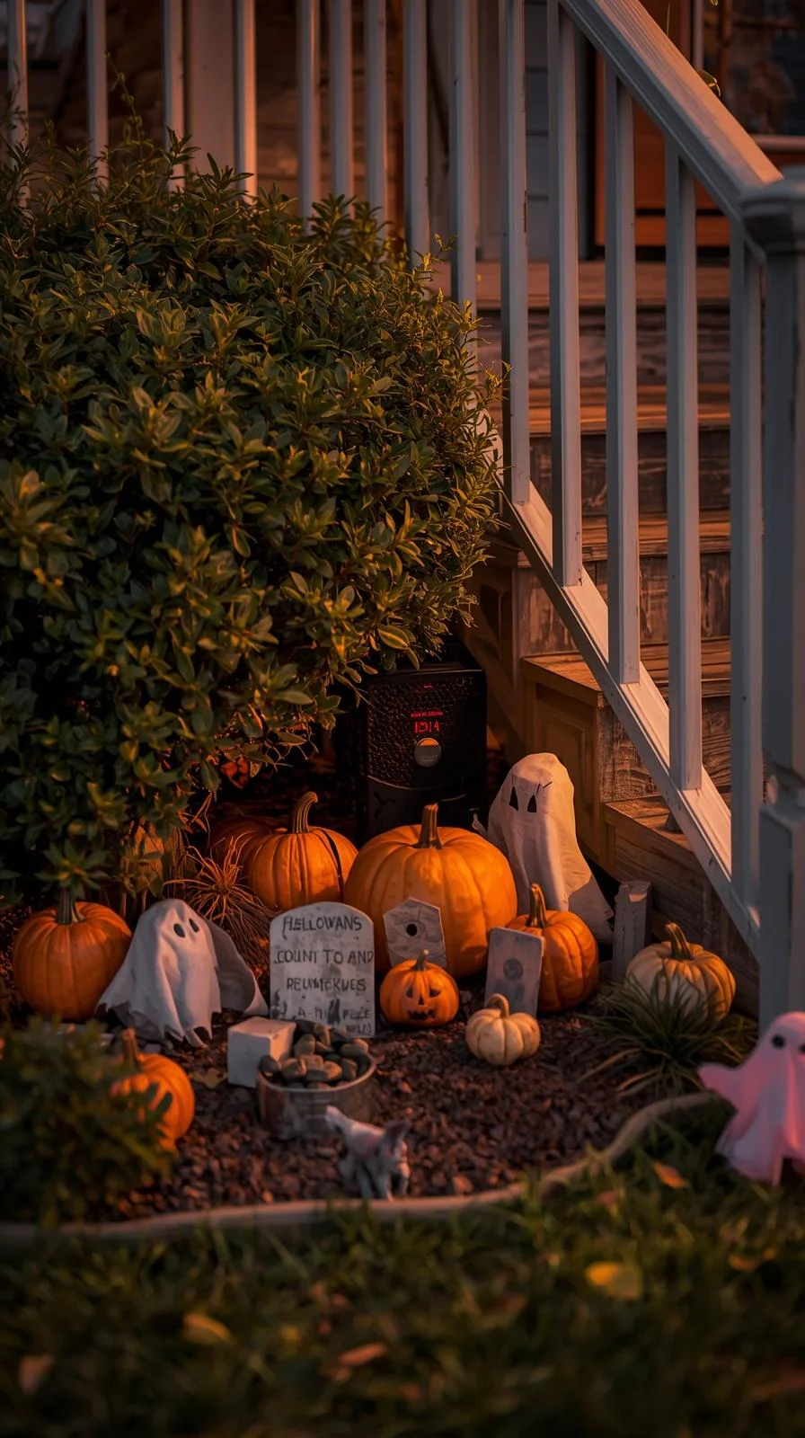 DIY Halloween front yard with hidden speaker and props for creating spooky sound effects.