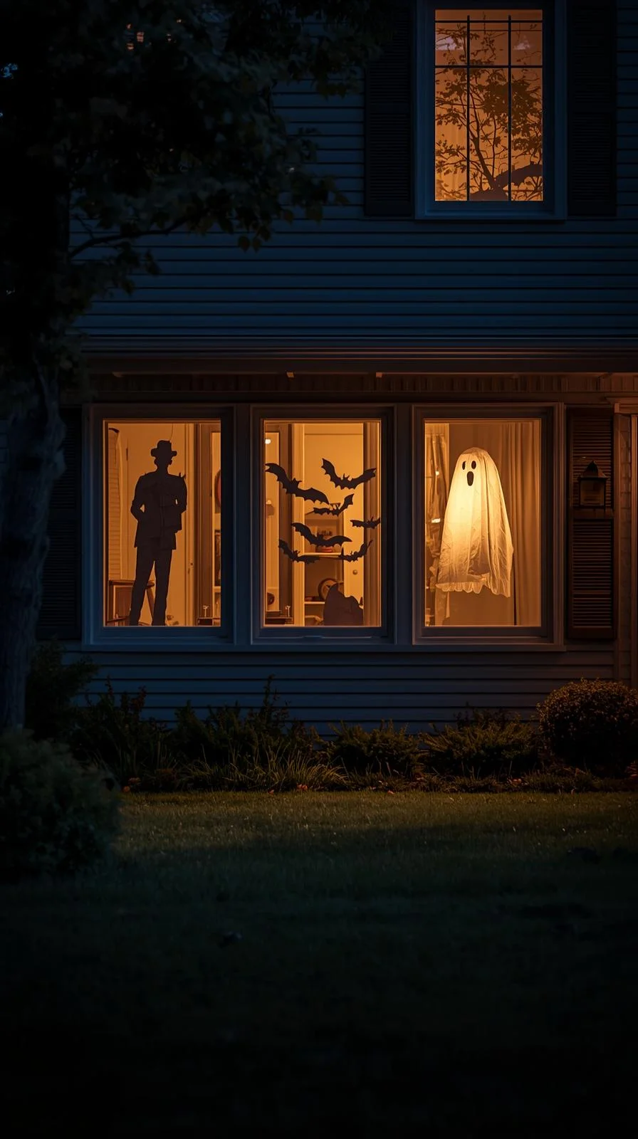 Front yard Halloween DIY with window silhouettes of ghosts and bats lit from behind.