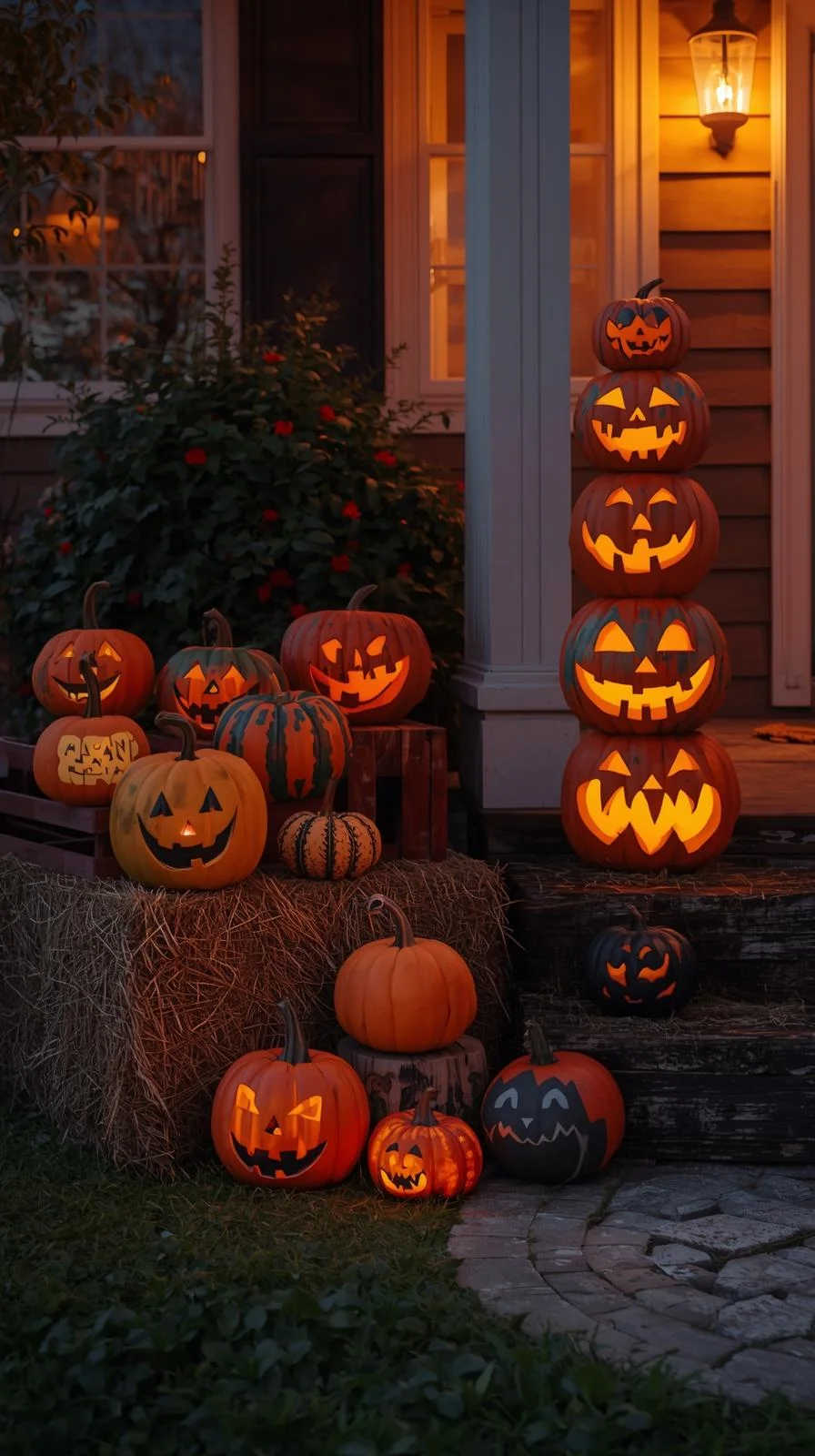 DIY Halloween front yard with stacked and painted pumpkins glowing from solar lights on straw bales.