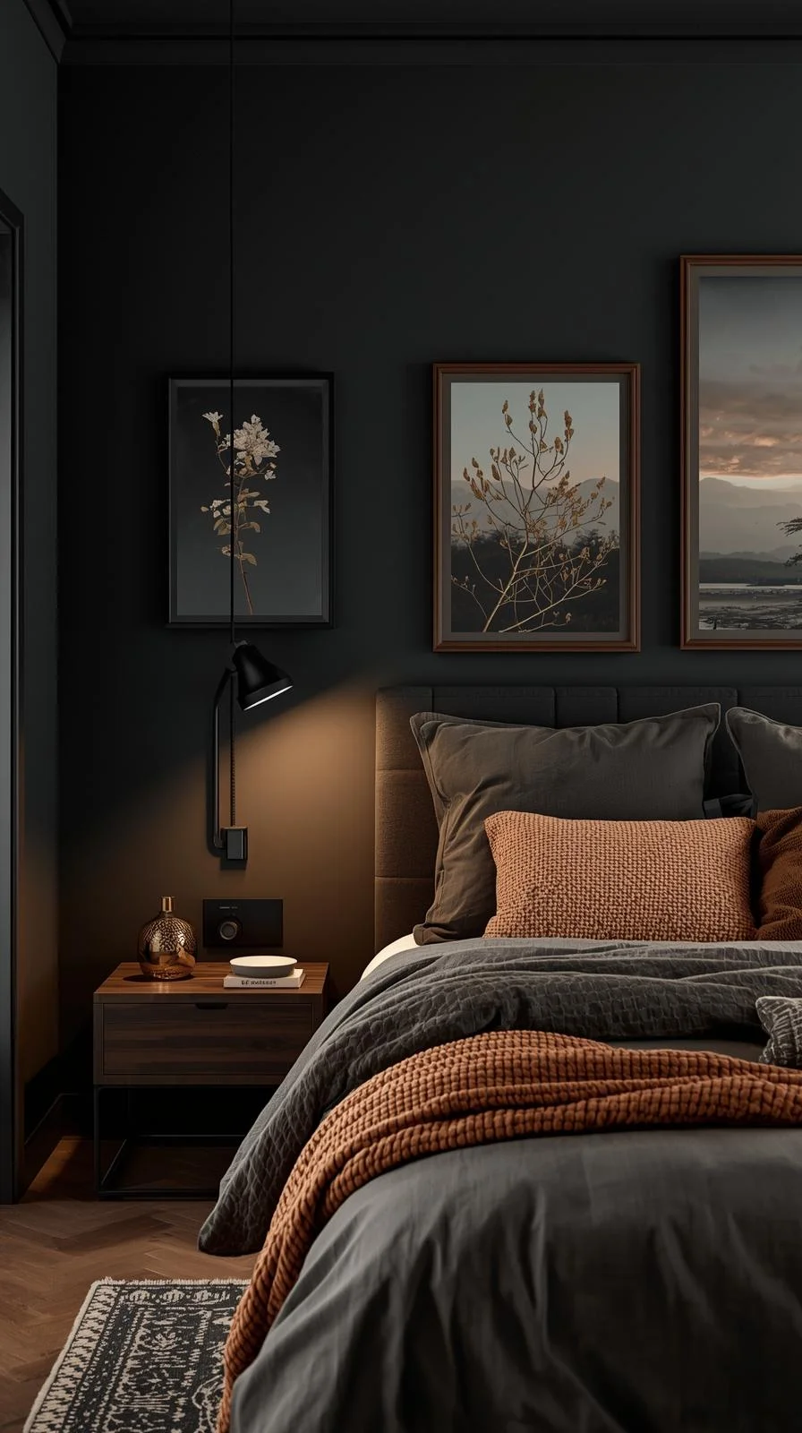 Modern dark nature aesthetic bedroom with botanical wall art, abstract landscapes, and dark wood frames.