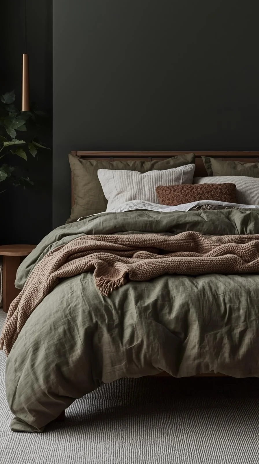 Modern dark nature aesthetic bedroom with textured linen, wool, and cotton bedding in muted earthy tones.