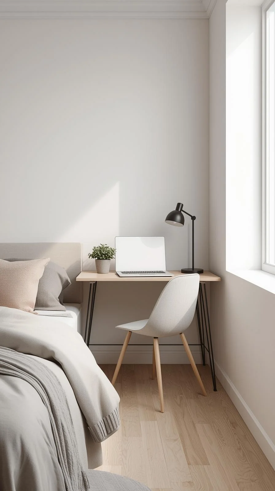 Small modern bedroom with desk at the foot of the bed, showing practical office bedroom combo ideas for compact spaces.