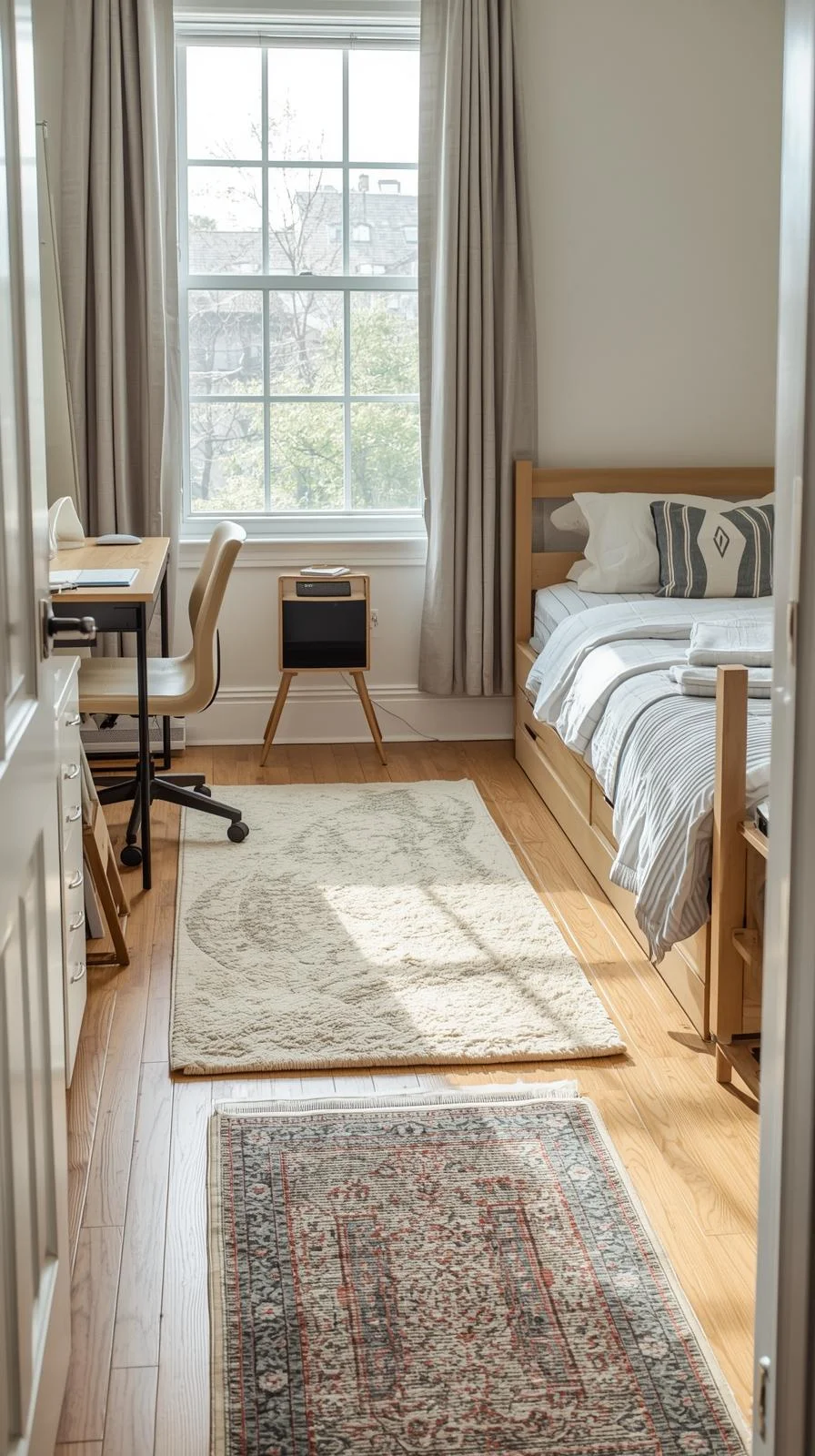 College dorm room decor ideas with rugs under the desk and beside the bed for comfort and style.