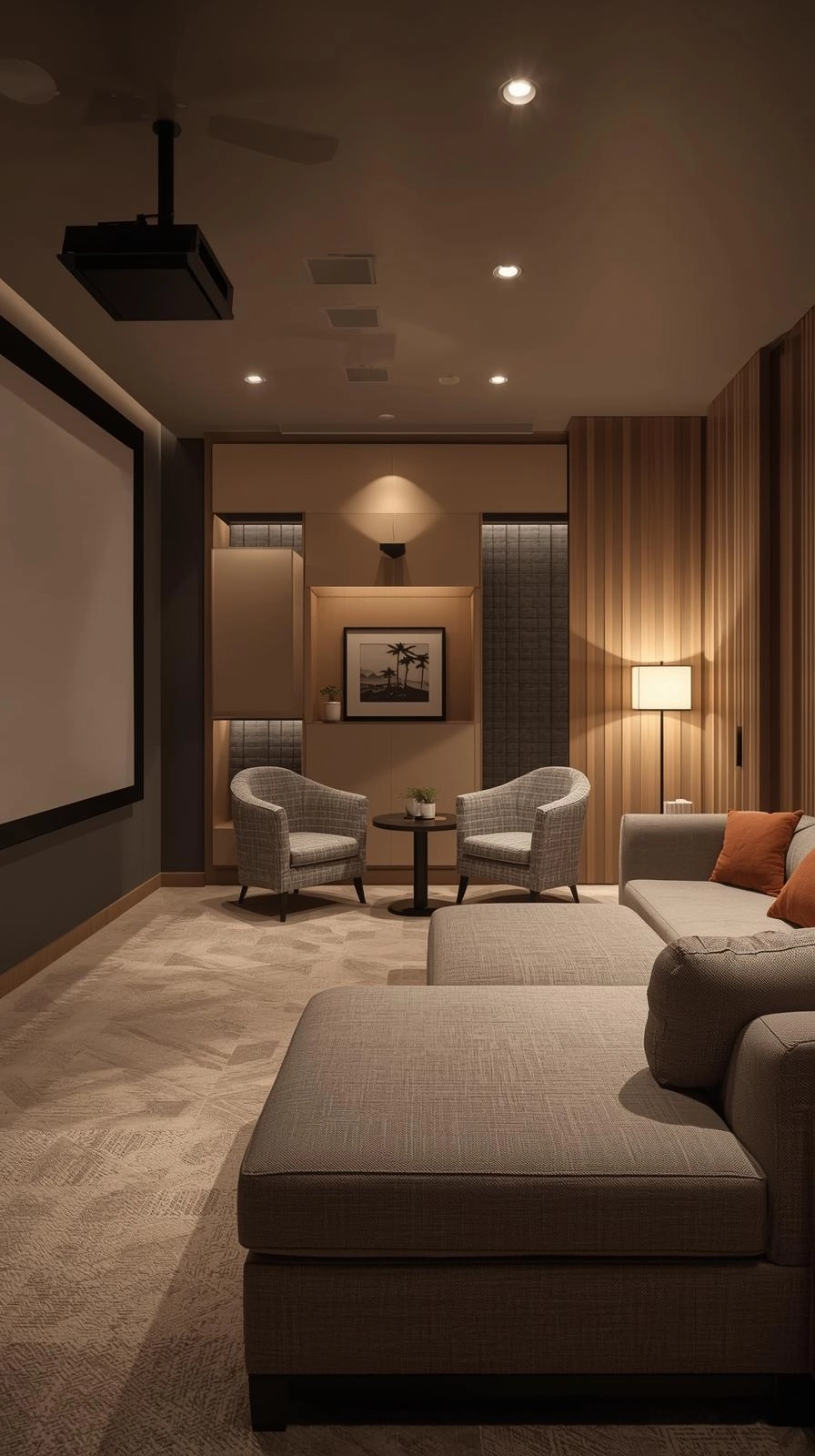 Multipurpose room with projector screen, sectional sofa, and cozy armchair nook designed for entertainment and relaxation.