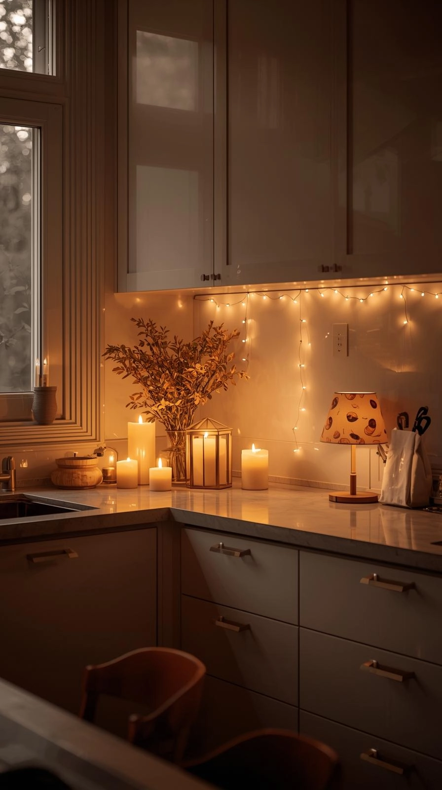 Fall decoration ideas for kitchen with candles, soft lighting, and warm seasonal glow.