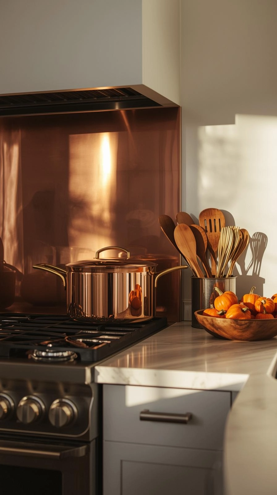 Fall decoration ideas for kitchen with copper pots, brass utensils, and metal accents.
