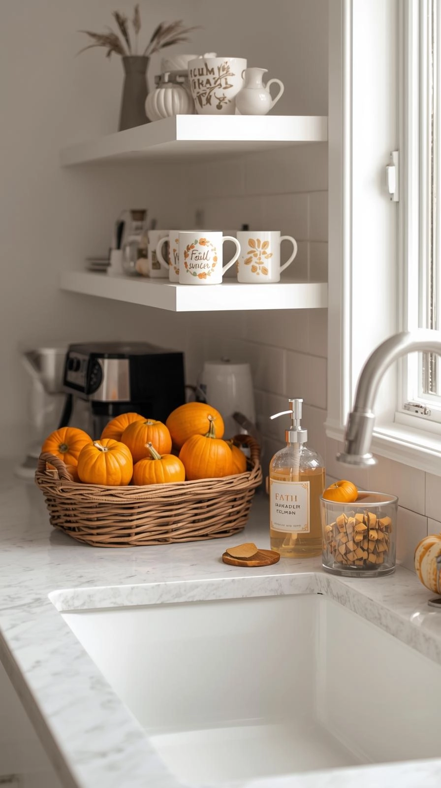 Fall decoration ideas for kitchen using everyday items like seasonal mugs, pumpkins, and autumn-themed soap.