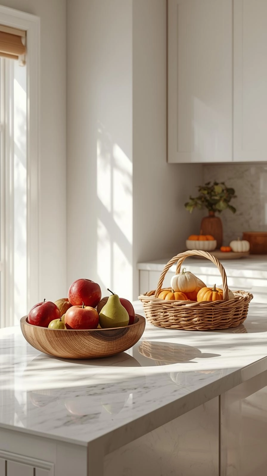 Fall decoration ideas for kitchen with apples, pears, squash, and pumpkins displayed as seasonal countertop decor.