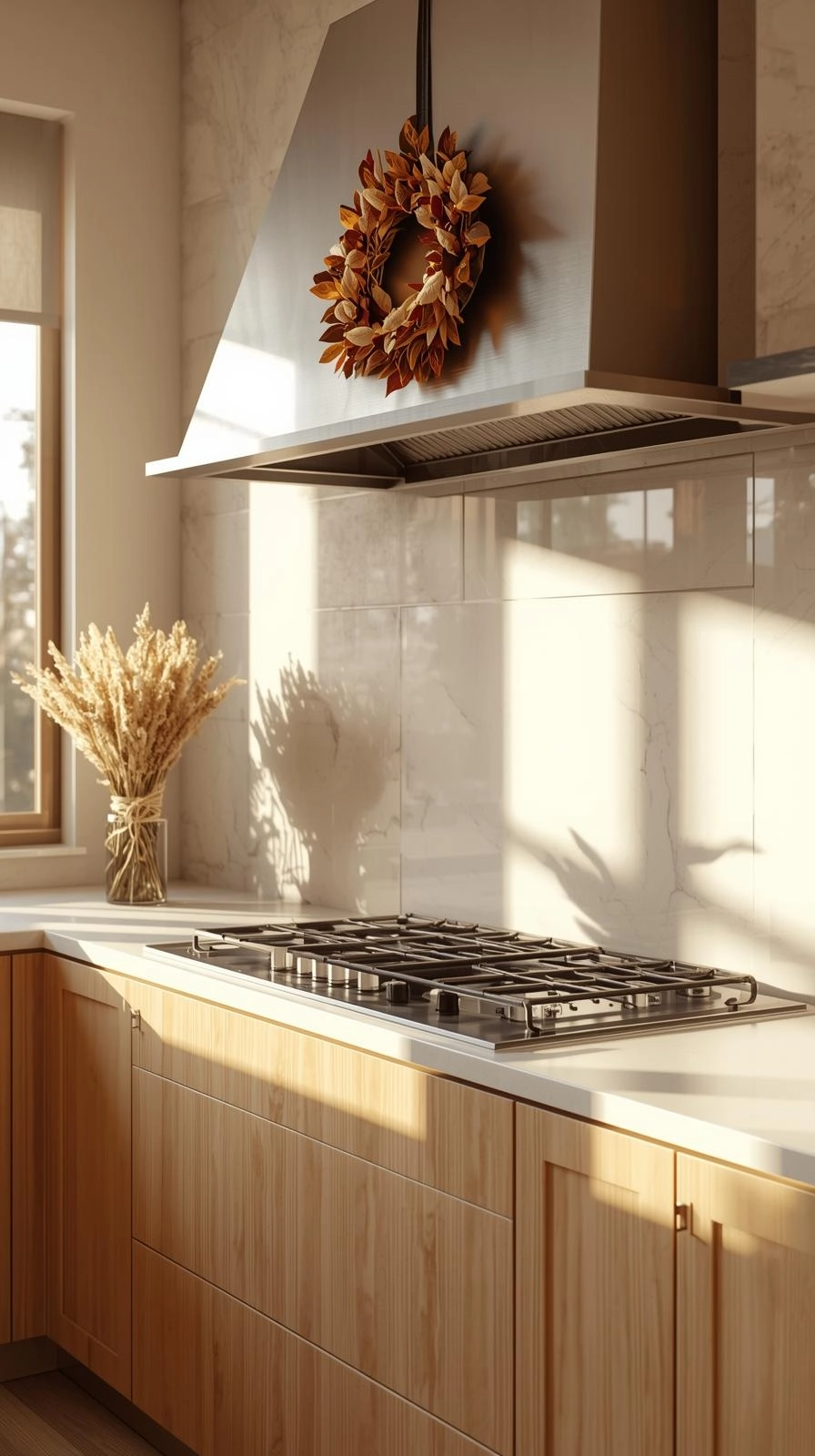 Fall decoration ideas for kitchen with a small wreath of dried leaves and hanging herbs.