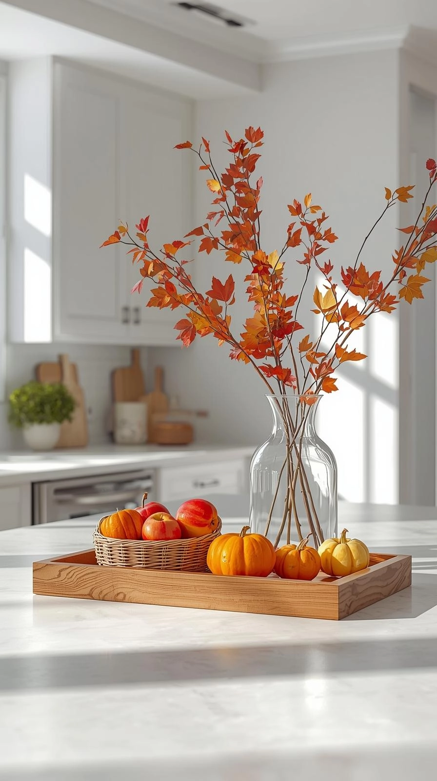 Fall decoration ideas for kitchen with a simple table centerpiece of apples, pumpkins, and fall branches.