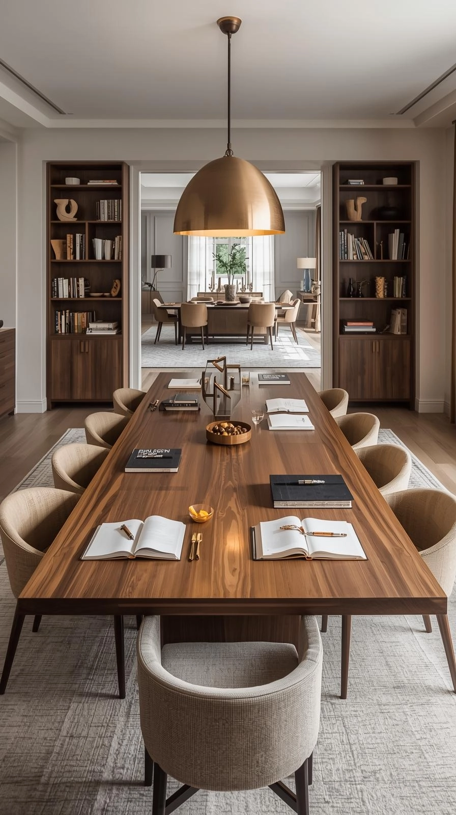 Multipurpose dining room with oversized table used for meals, crafts, and entertaining, with storage cabinets nearby.