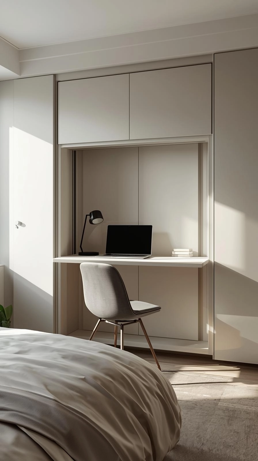 Small bedroom with a fold-down wall desk open as a workspace, showing flexible office bedroom combo ideas.