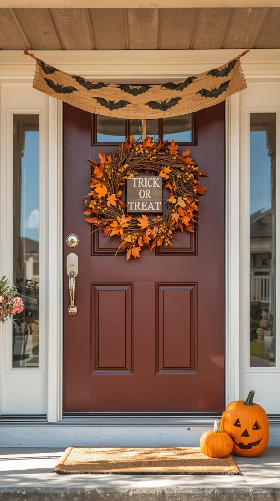 Front door with Halloween wreath, pumpkins, and sign, showing simple outdoor Halloween decorations ideas.