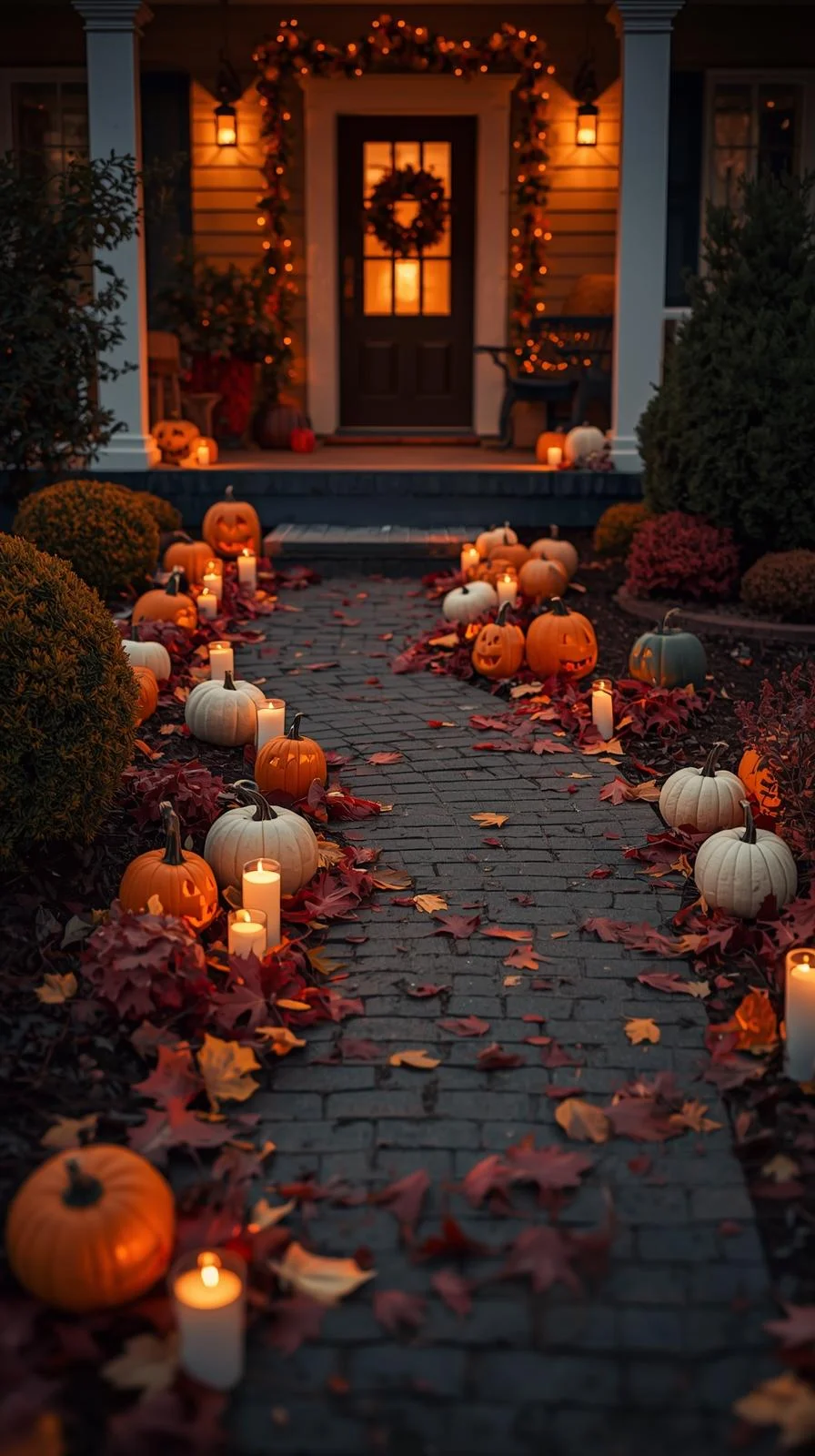 Front porch Halloween ideas with a pathway decorated with glowing carved and uncarved pumpkins in autumn.