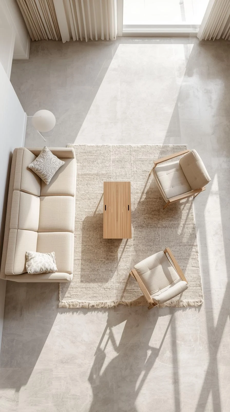 Small apartment aesthetic cozy living room with sofa pulled forward, angled chair, and centered rug for open flow.
