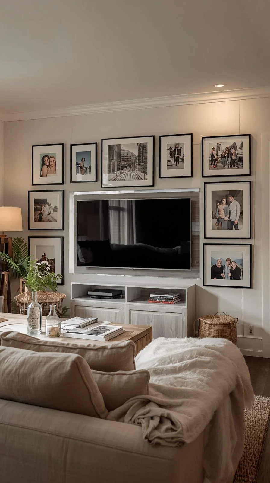 Gallery wall design with a large TV surrounded by framed art and photos in a cozy living room.