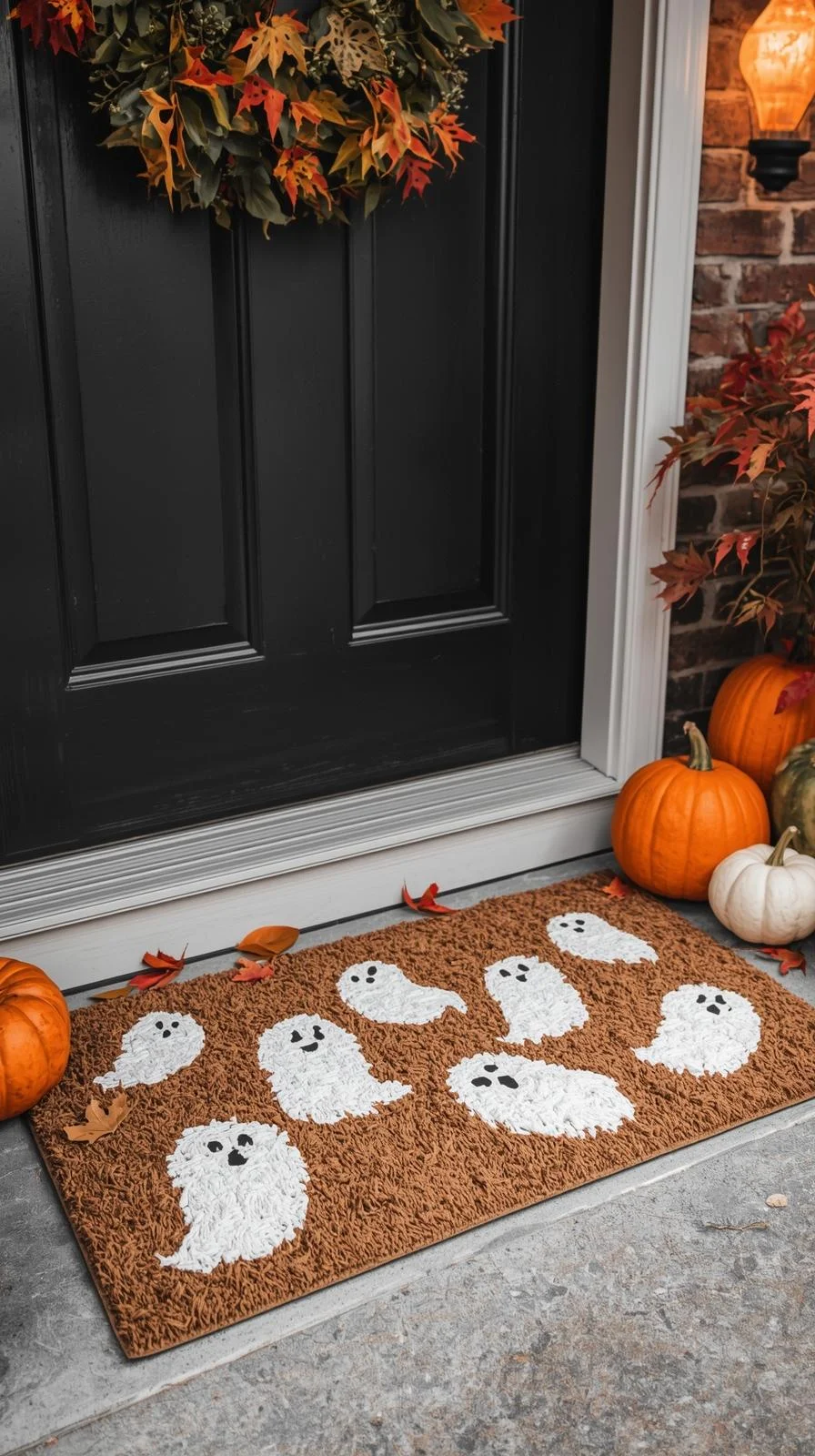 Front porch with DIY painted ghost doormat showing creative Halloween doormat painting ideas.